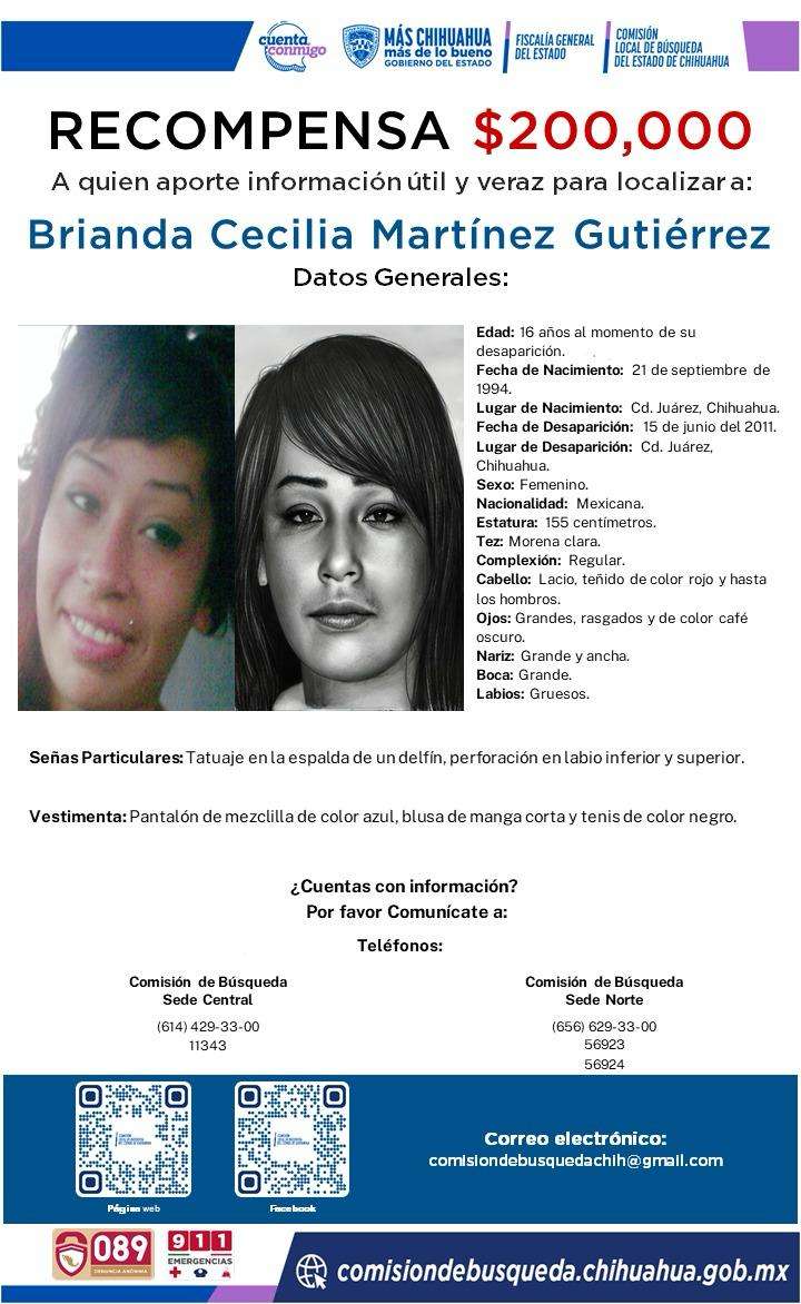 Ofrecen 200 mil de recompensa para quien ayude a localizar a Brianda Cecilia Martínez