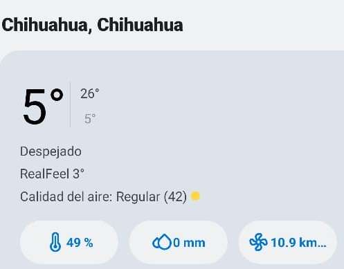 Tendrá Chihuahua temperaturas máximas de 26°C y mínimas de 5°C 