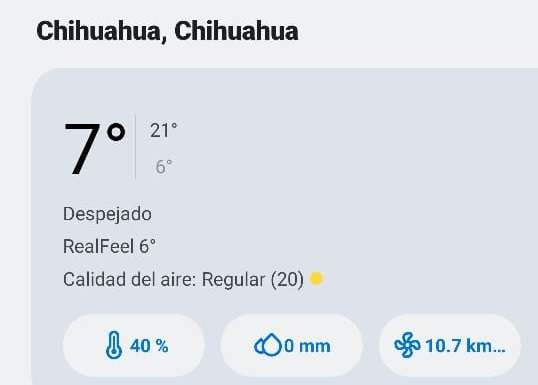 Prevalece el frío en Chihuahua con máxima de 21 grados