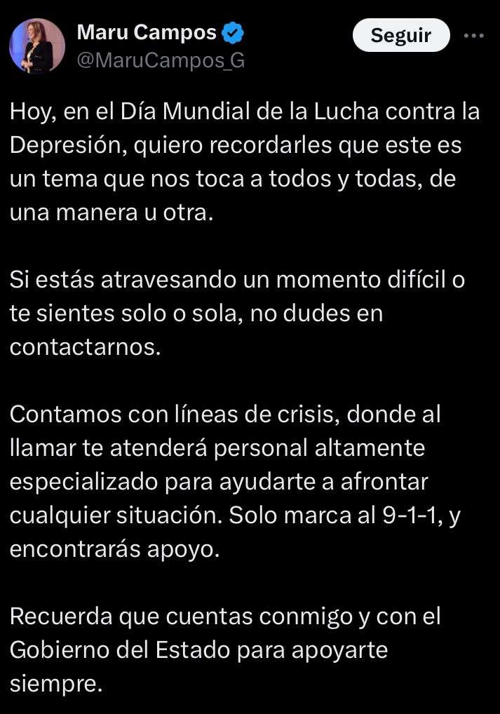 Envía Maru Campos mensaje de apoyo por el Día Mundial contra la Depresión