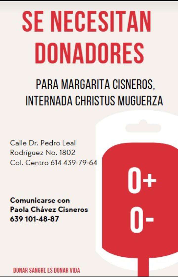 Solicitan donadores de sangre para Margarita Cisneros