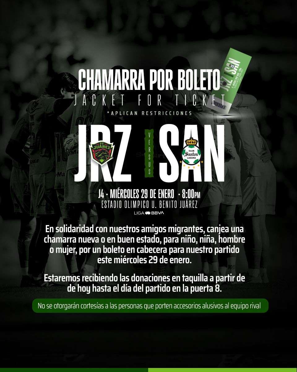 Invitan FC Juárez a canjear chamarras por boletos en beneficio de migrantes