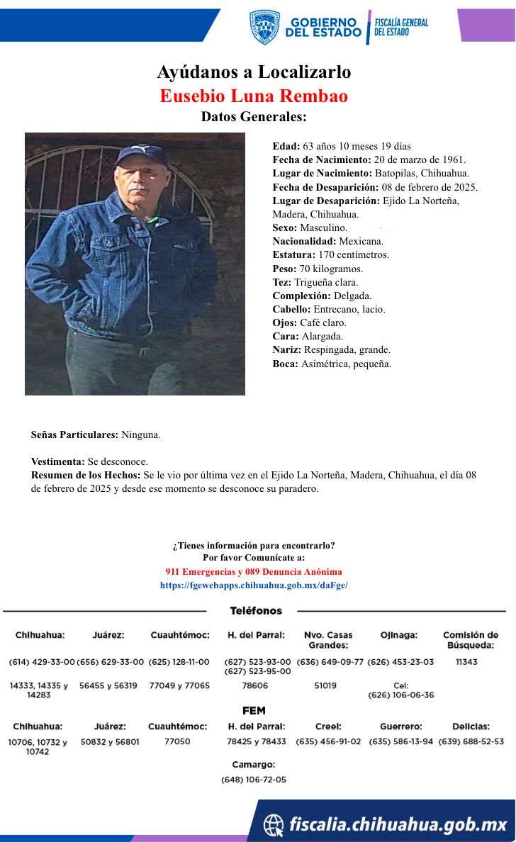 Desaparece luego de salir de su casa en Madera