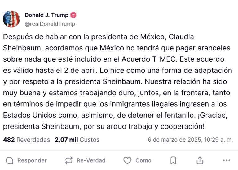 Congela Trump aranceles a México en lo incluido en T-MEC