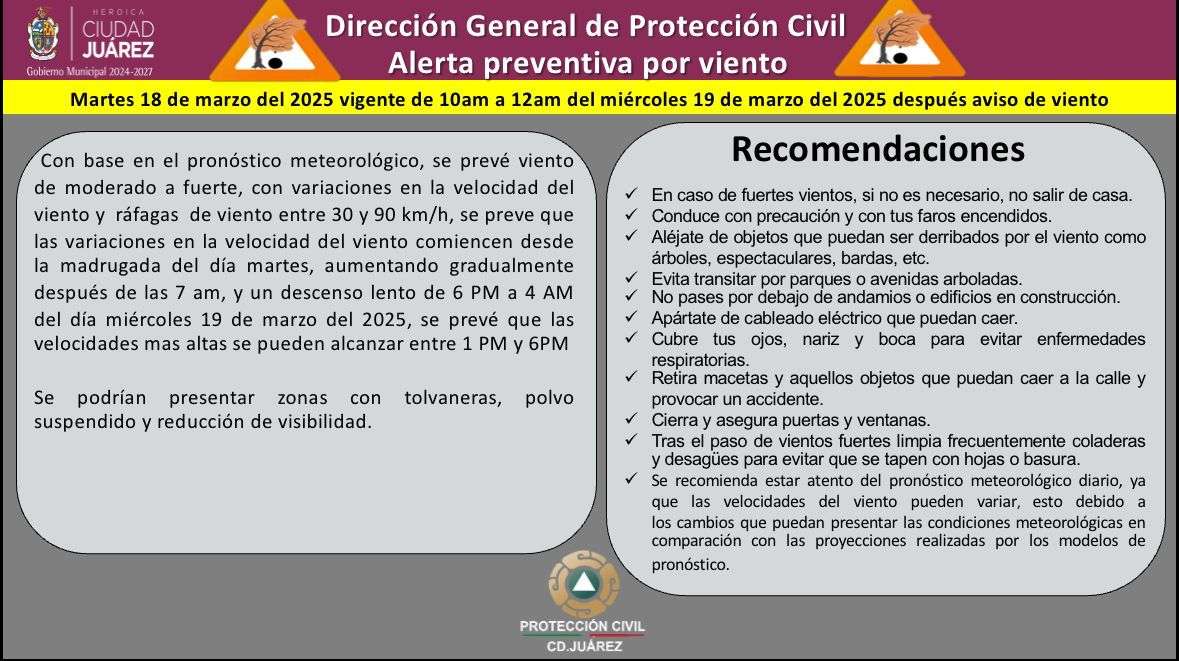 Alertan por fuertes vientos mañana, martes 18 de marzo