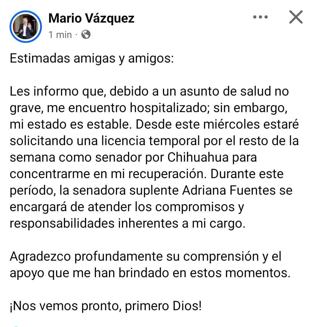 Hospitalizan a Mario Vázquez por problema de salud