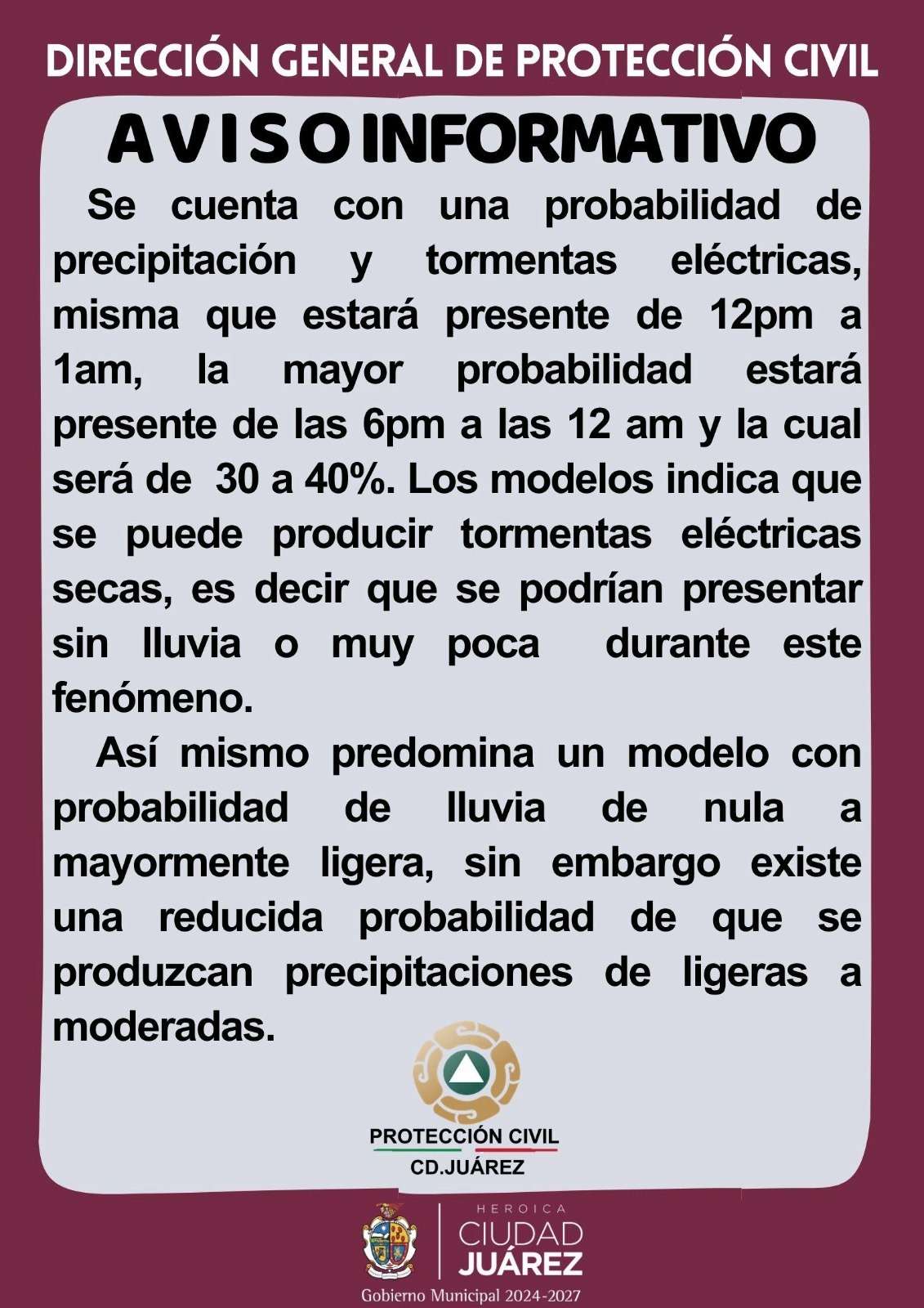 Alertan por posibles tormentas eléctricas 