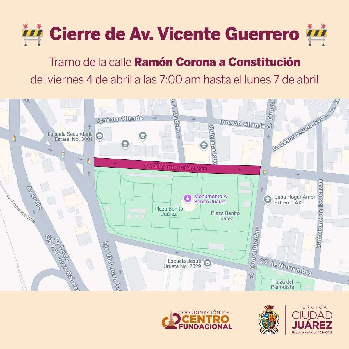 Cierran avenida Vicente Guerrero desde hoy hasta el próximo lunes