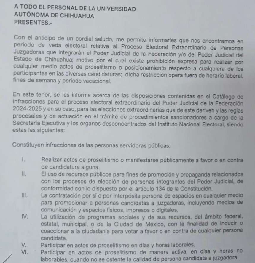 Impone Uach veda electoral en las campañas de personas juzgadoras
