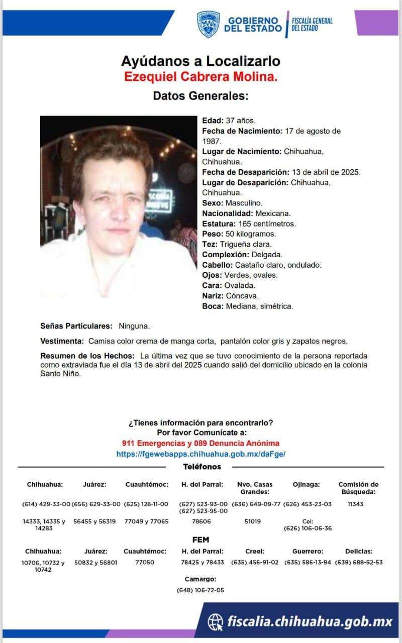 Solicitan ayuda para encontrar a Ezequiel Cabrera