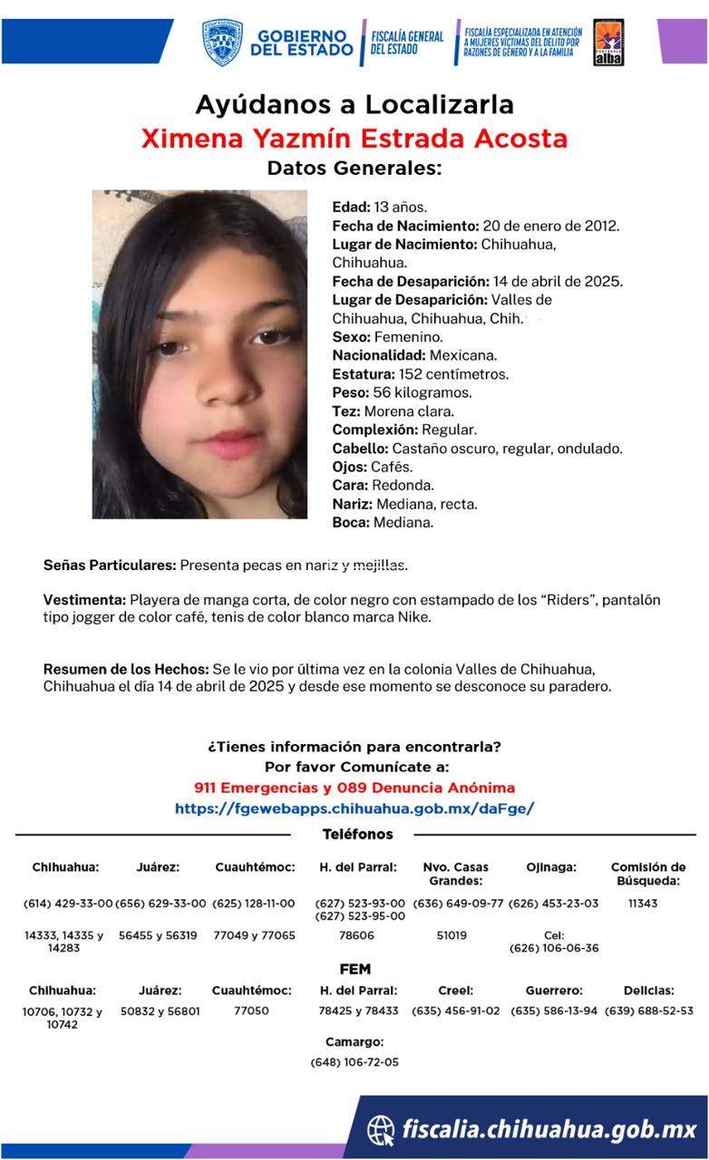 Piden ayuda para encontrar a menor desaparecida