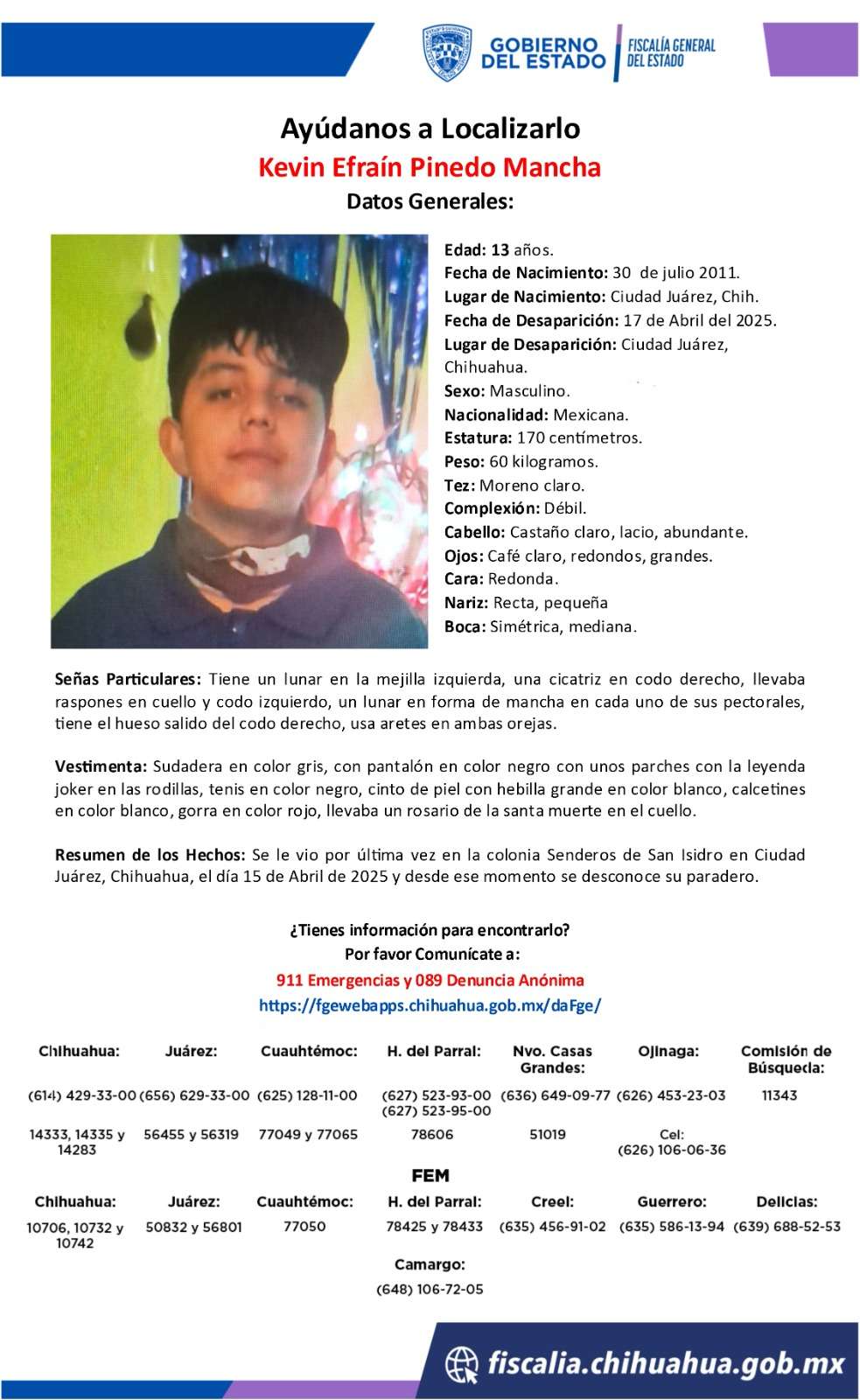 Solicitan apoyo de la comunidad para localizar a Kevin de 13 años