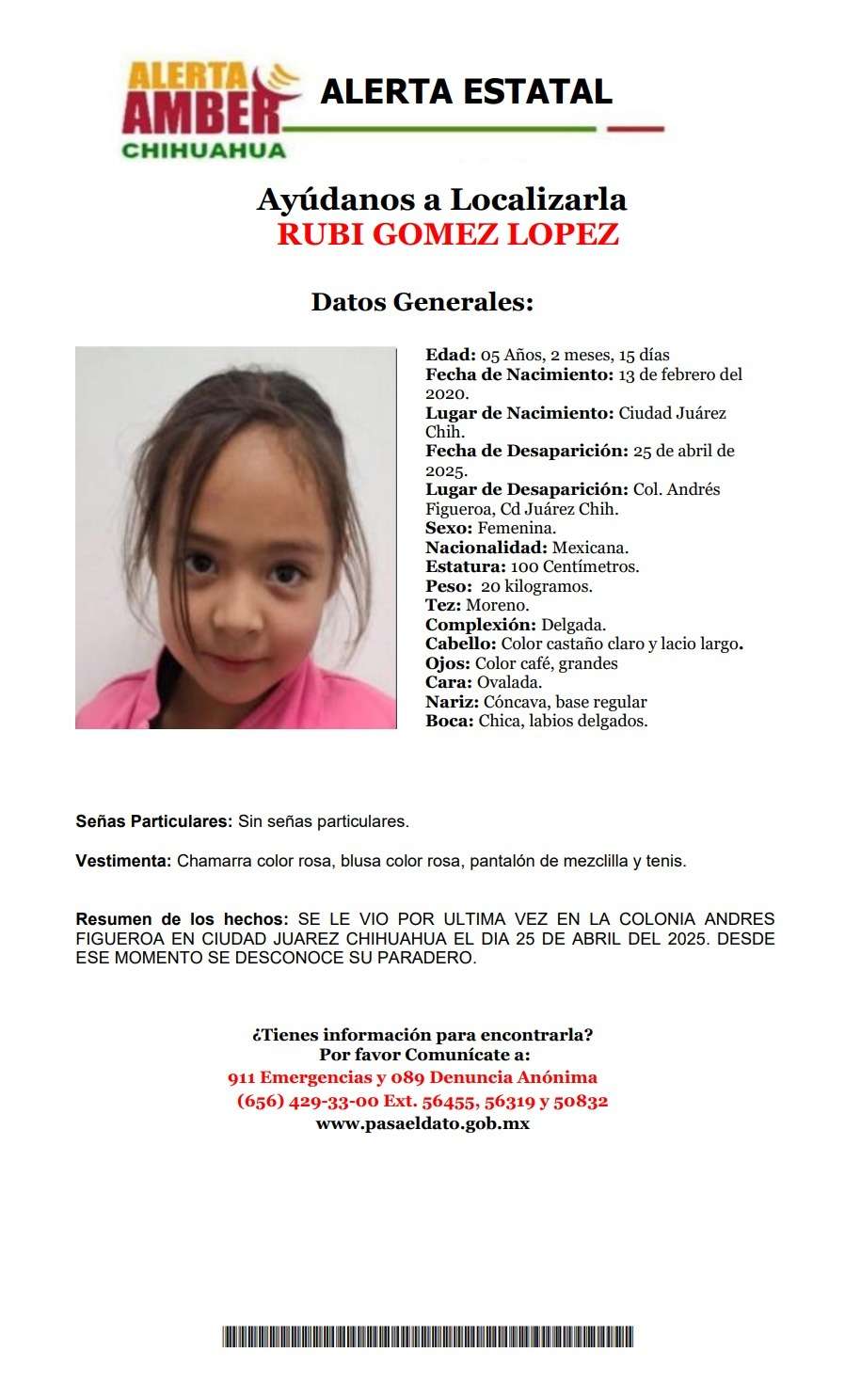 Alerta por desaparición de niña de 5 años