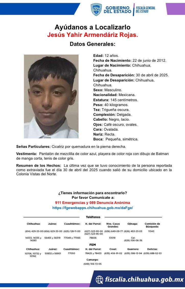 Piden apoyo para localizar a Jesús Yahir de 12 años