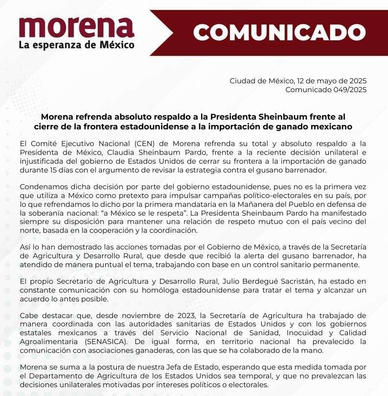 Condena Morena cierre de frontera de ganado y respalda a Sheinbaum

