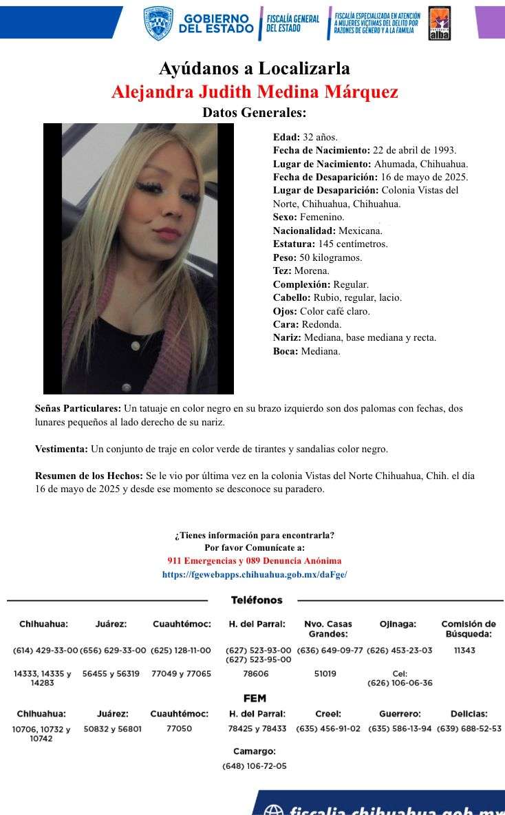 Piden ayuda para localizar a Alejandra Judith Medina Márquez