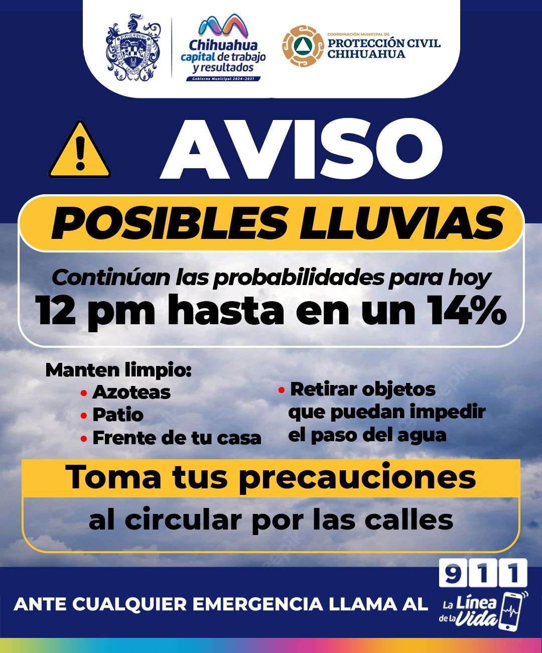 Alerta PC municipal de lluvias para hoy en la ciudad