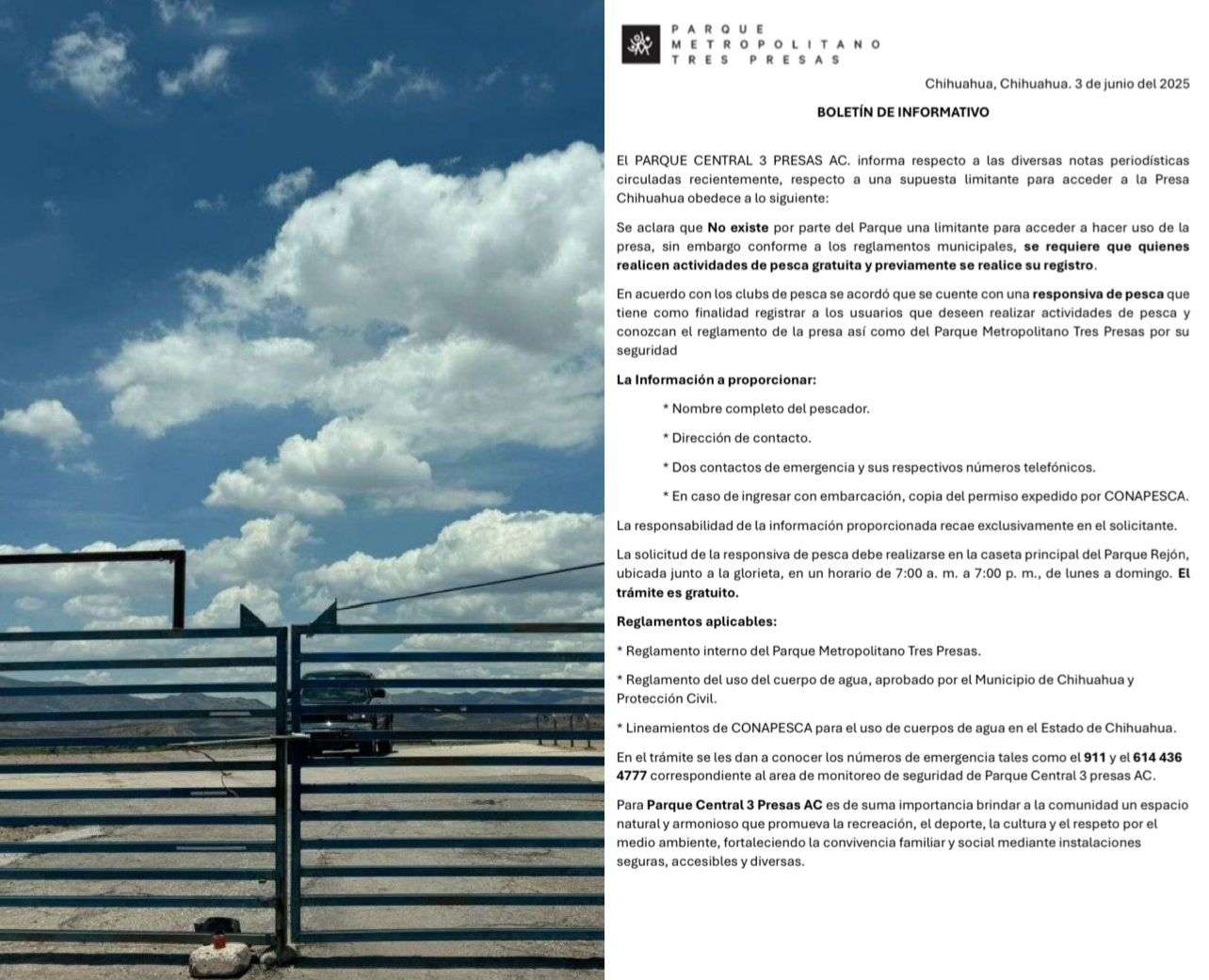 Sin responder a quejas Parque Central 3 Presas por cierre en Presa Chihuahua