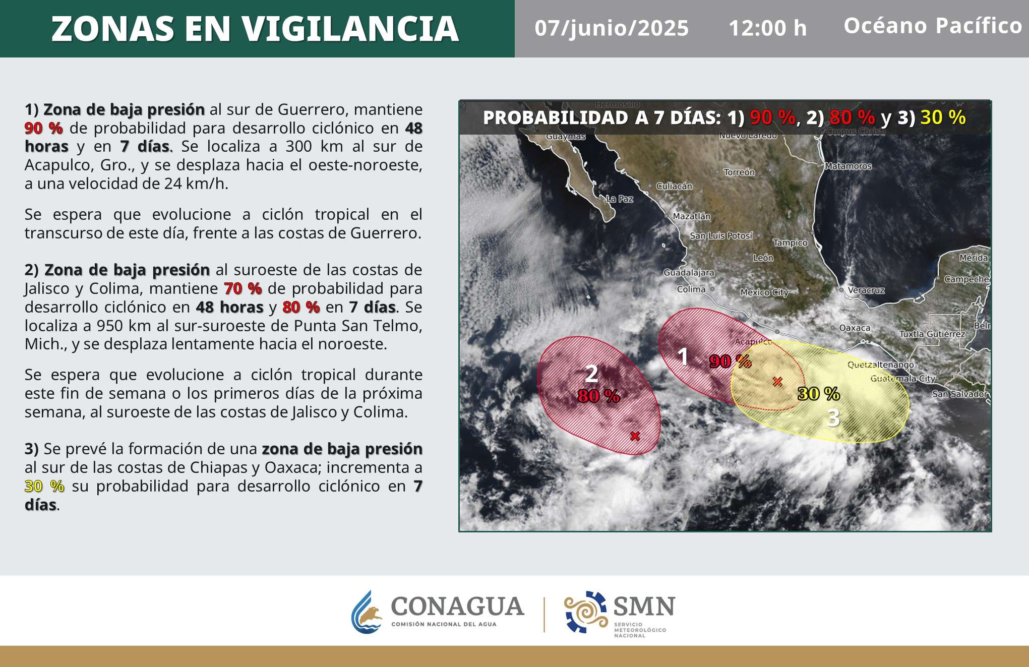 Advierte SMN posible formación de tres ciclones en el Pacífico
