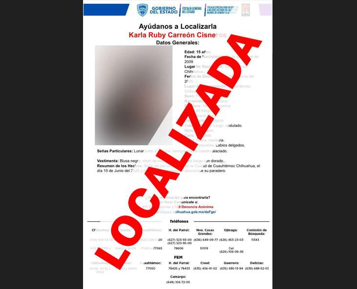 Hallan sana y salva a quinceañera desaparecida en Cuauhtémoc