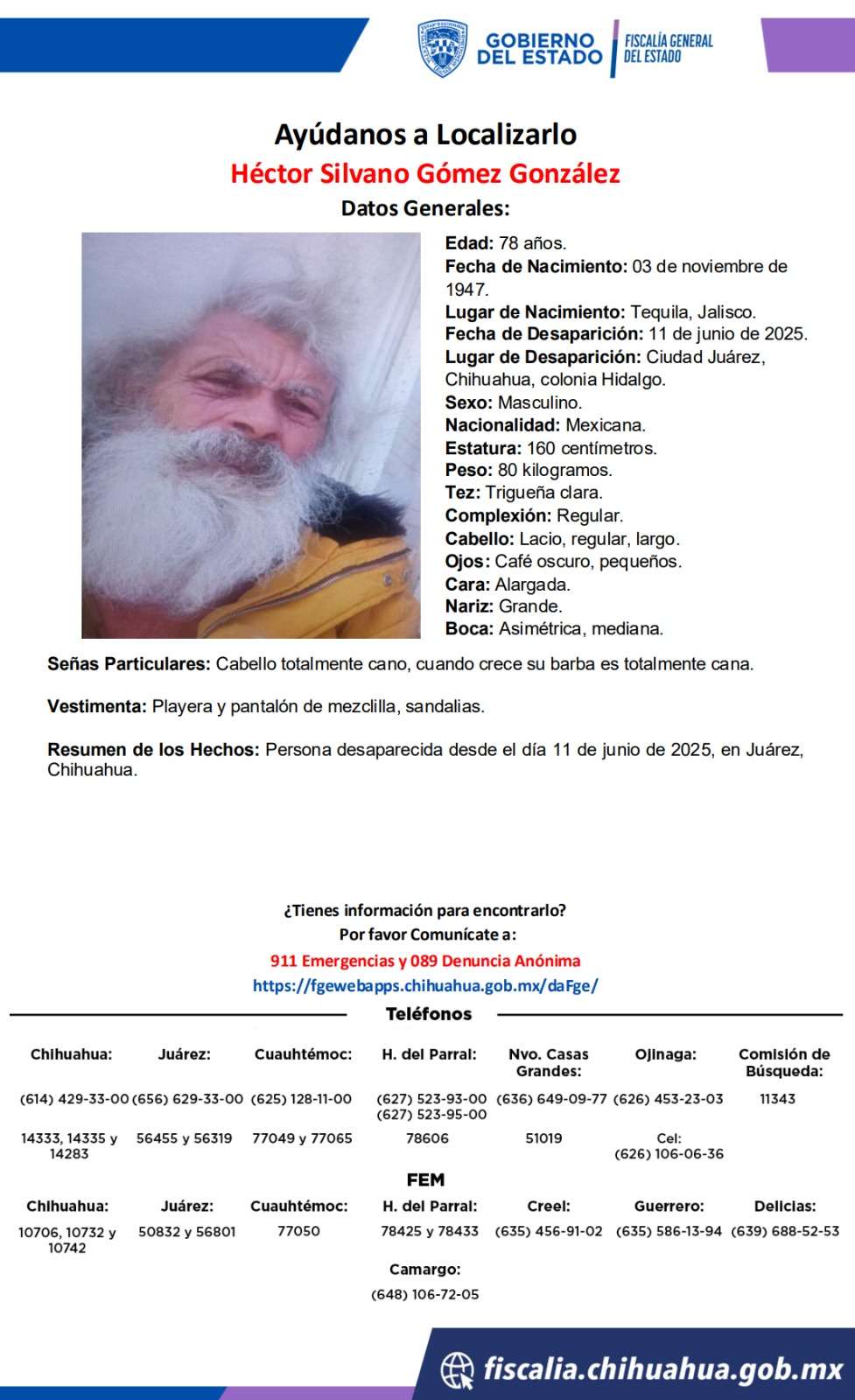 Desaparece hombre de 78 años en la colonia Hidalgo
