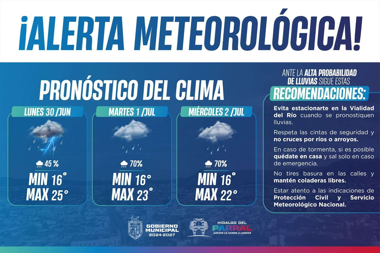 Emite Parral alerta ante pronóstico de lluvias para martes y miércoles