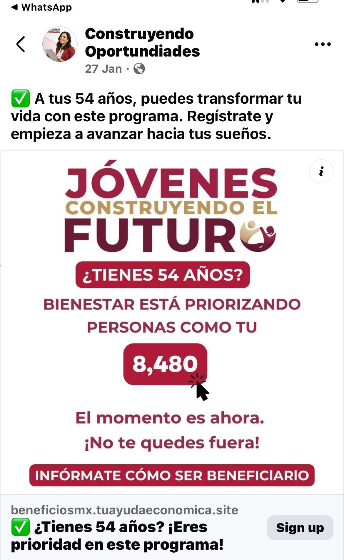 Alertan sobre publicación falsa en redes que promete ayuda económica a personas de 54 años