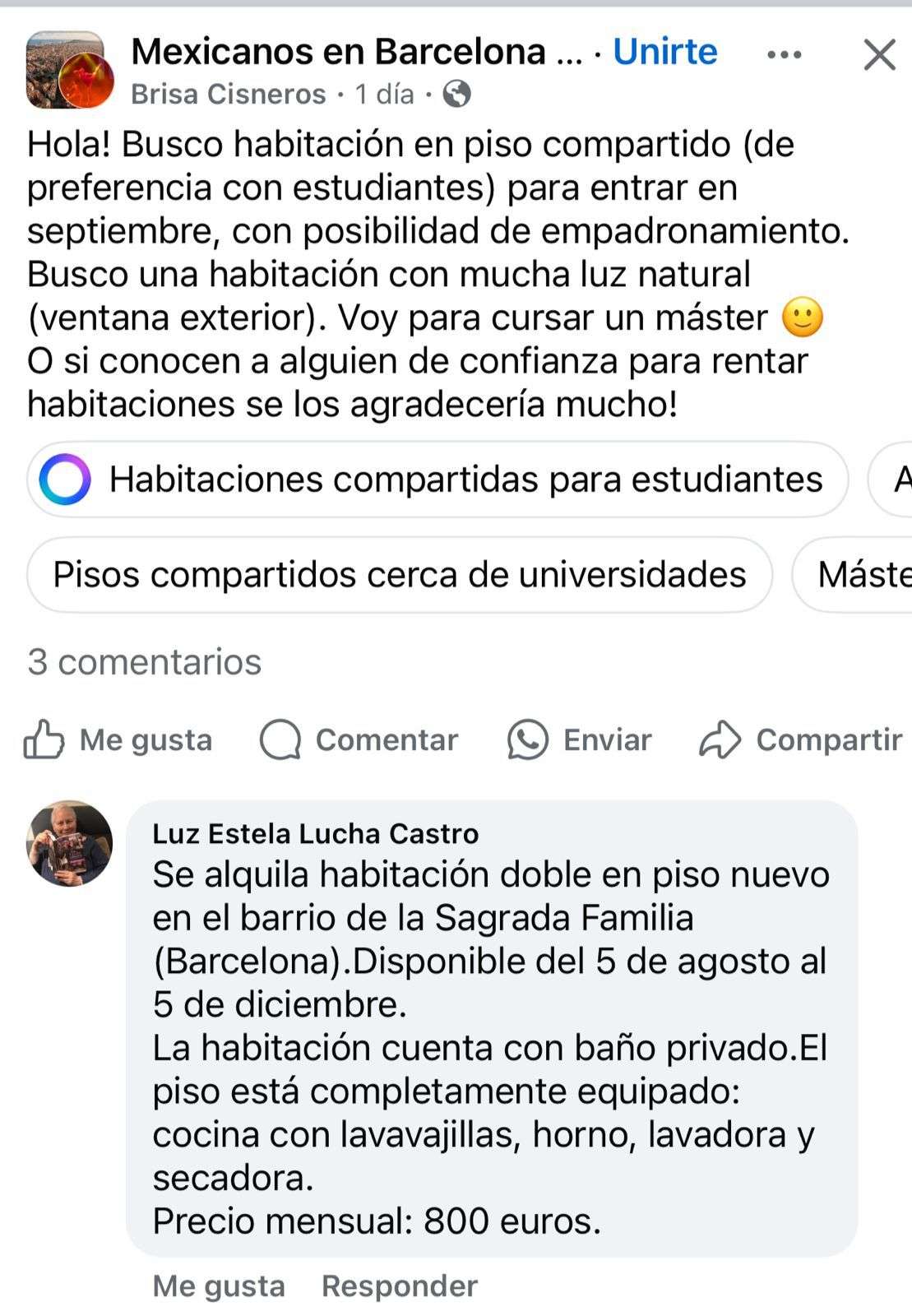 Ofrece Lucha Castro departamento en renta en Barcelona por 800 euros