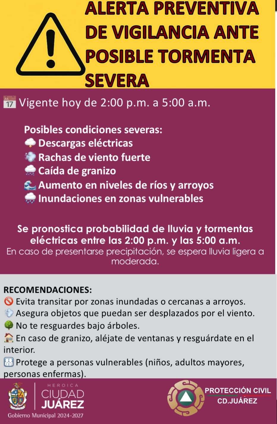 Mantienen alerta por tormentas eléctricas hasta la madrugada del martes 