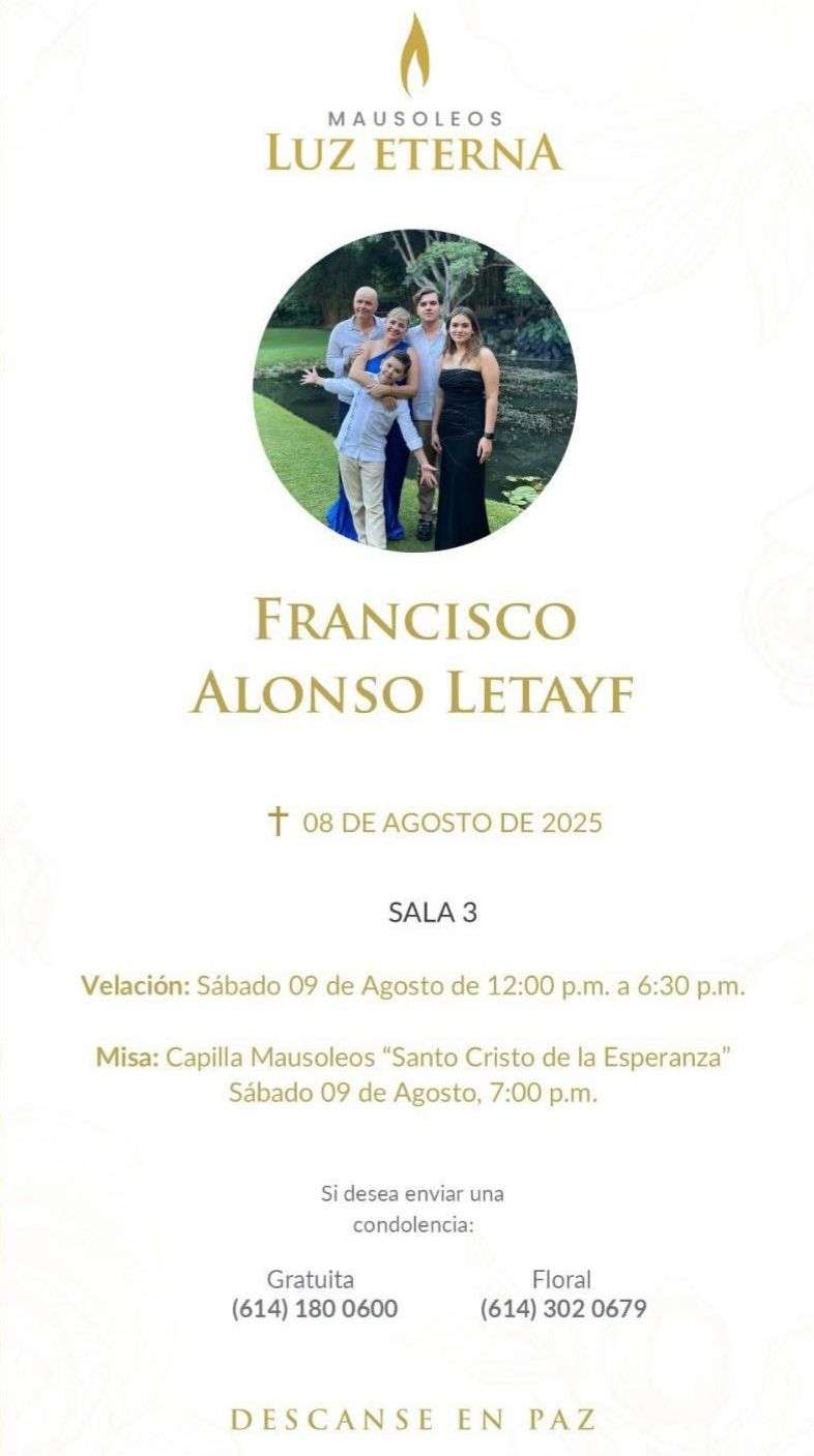 Velarán este sábado a Francisco Alonso Letayf en Mausoleos Luz Eterna