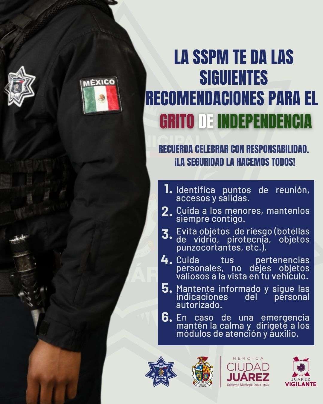 Emite SSPM recomendaciones de seguridad para el Grito de Independencia