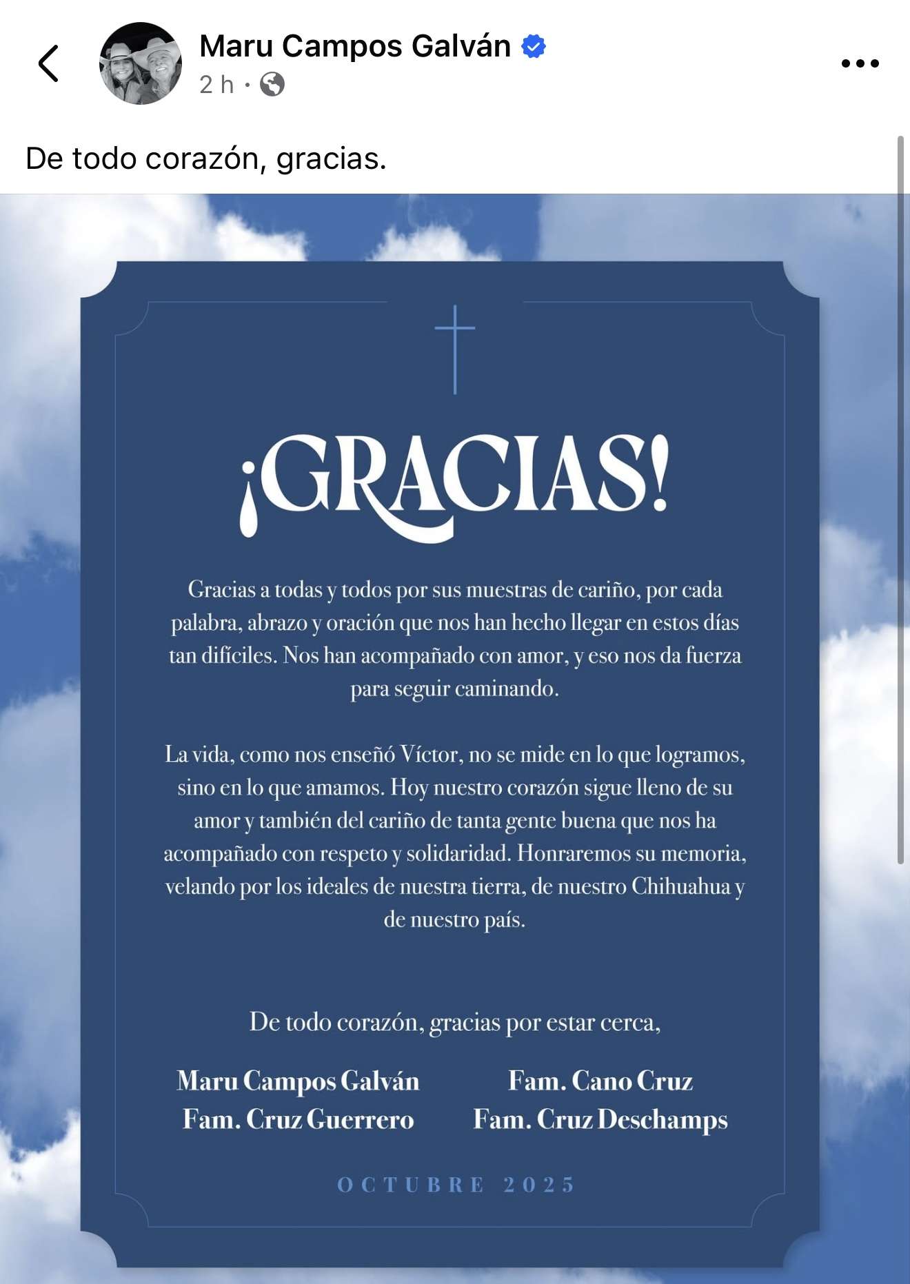 Agradece Maru muestras de apoyo por muerte de Víctor Cruz Russek