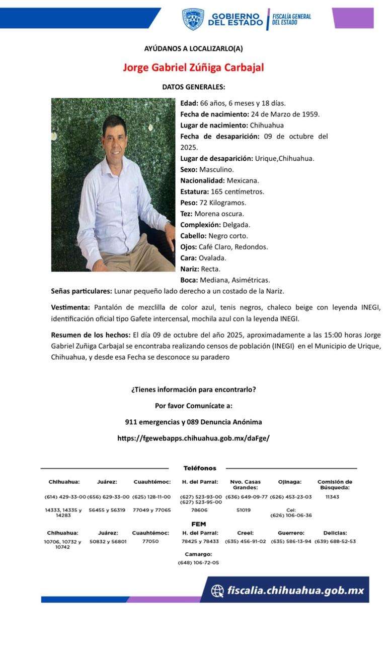 Desaparece encuestador del Inegi en Urique