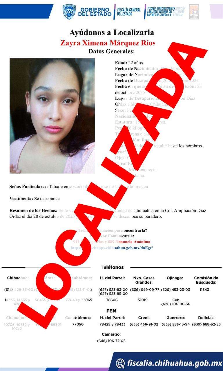 Localiza FEM a mujer con reporte de ausencia en Chihuahua