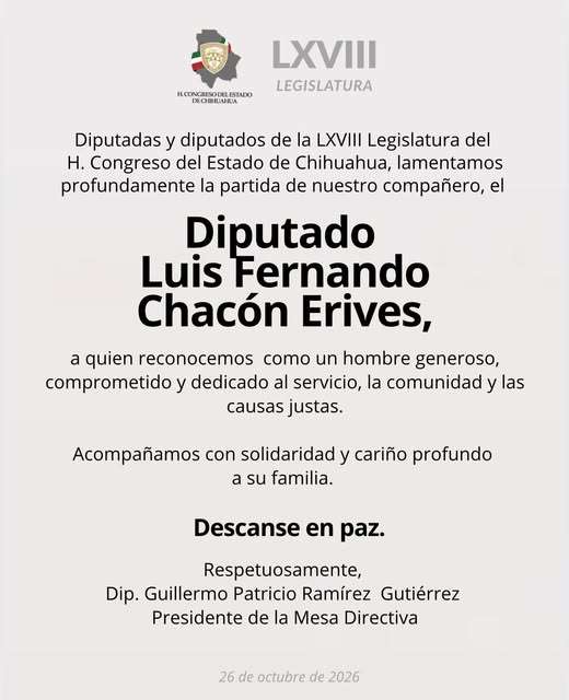 Muere el diputado priísta Luis Fernando Chacón Erives