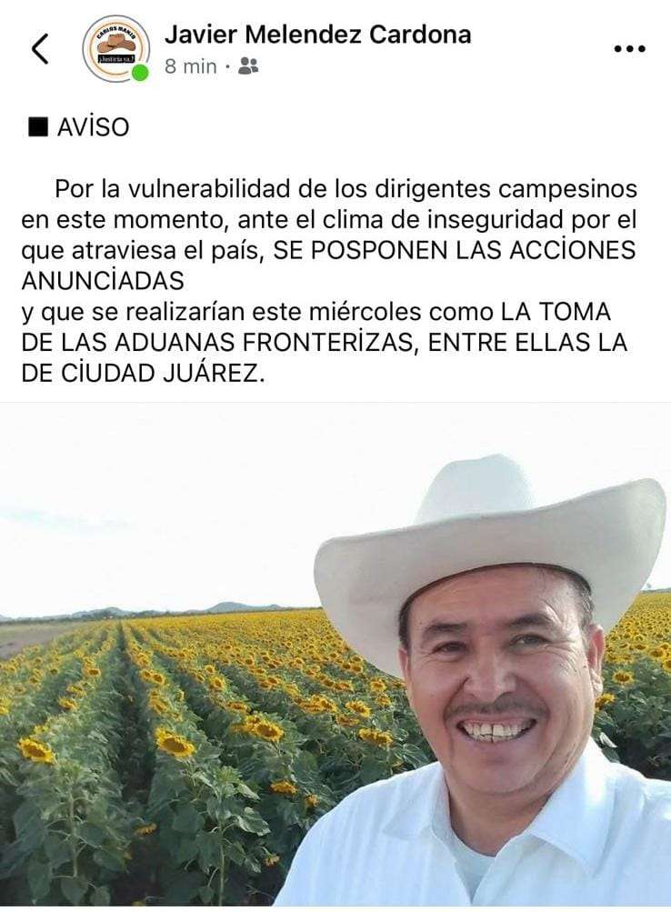 Posponen campesinos movilización en Aduanas por inseguridad 