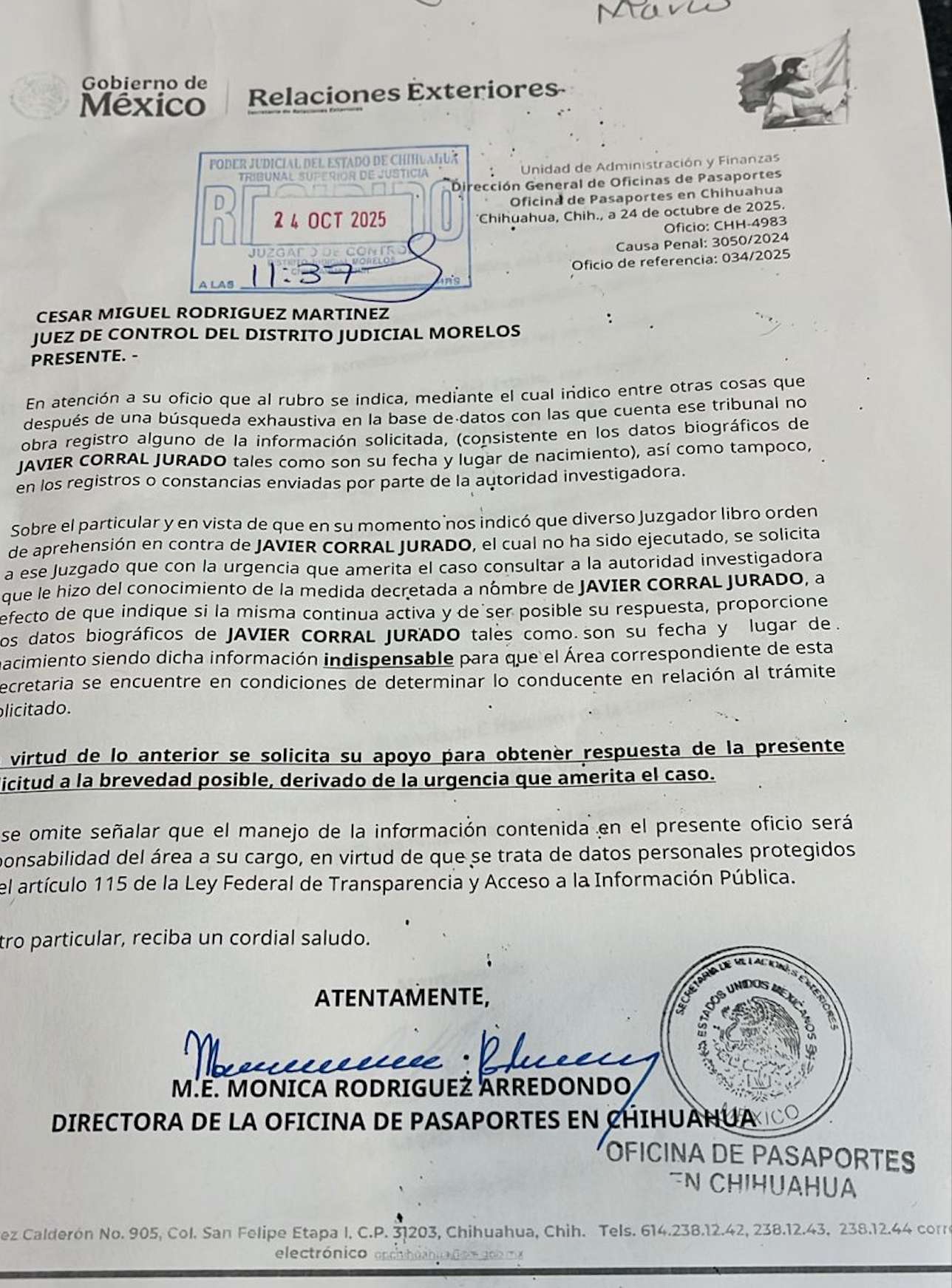 Toma SRE medidas contra Corral; no puede salir del país