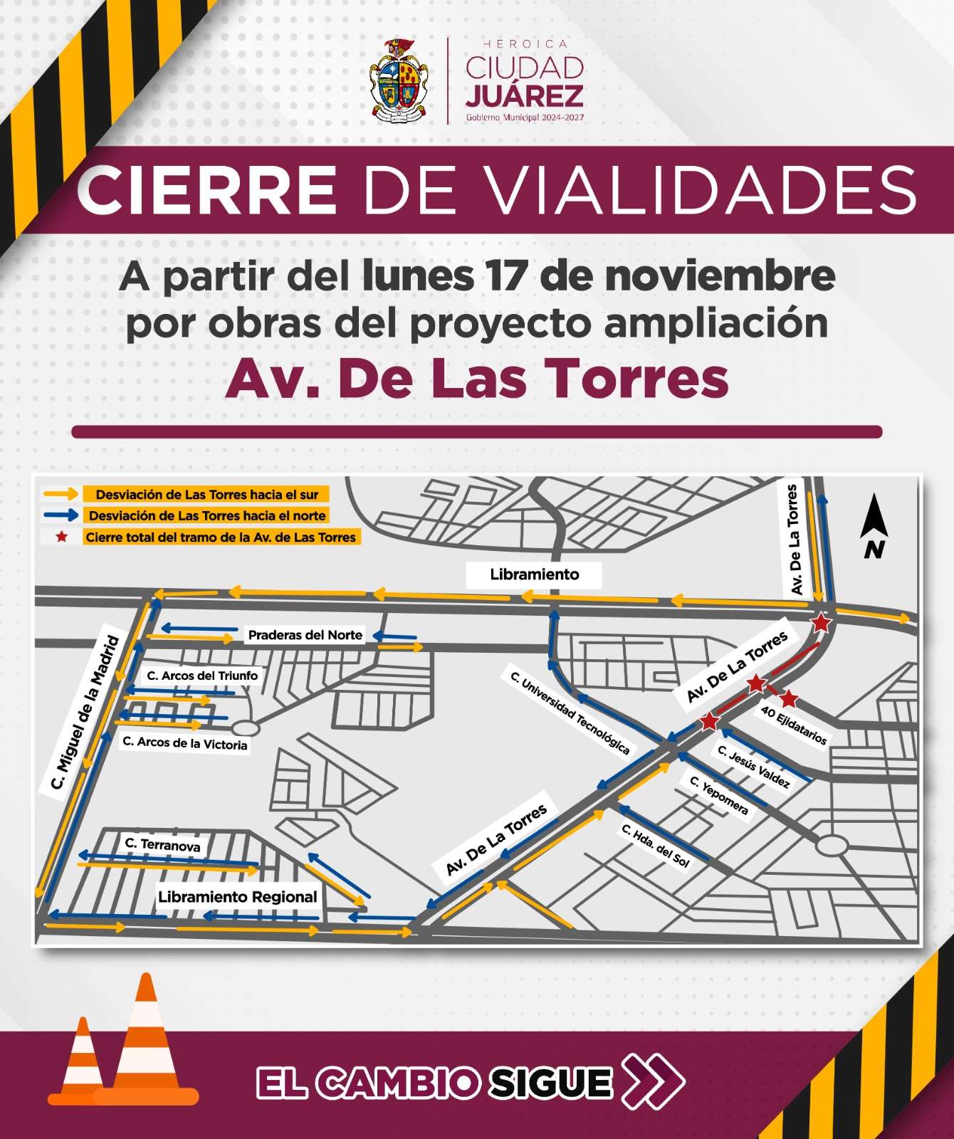 Anuncian cierre emergente en la avenida De las Torres por obras de ampliación