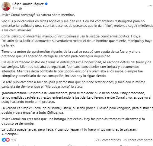 La diferencia entre Corral y yo, es que yo sí hago frente a mi proceso: Duarte