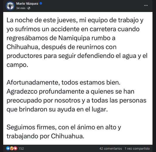 Sufre Mario Vázquez y su equipo accidente carretero; están fuera de peligro