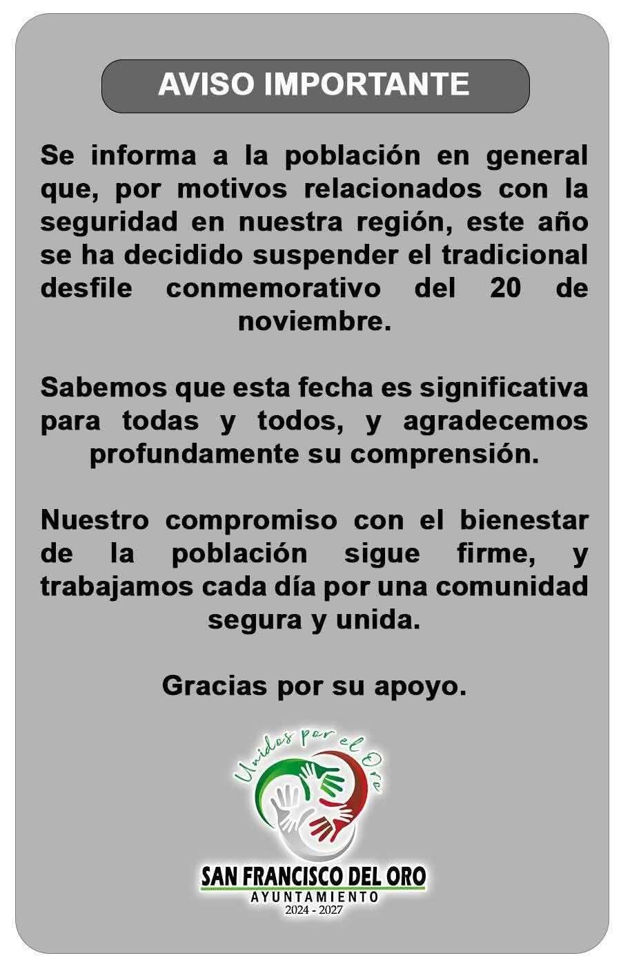 Cancelan también desfile del 20 de Noviembre en San Francisco del Oro 