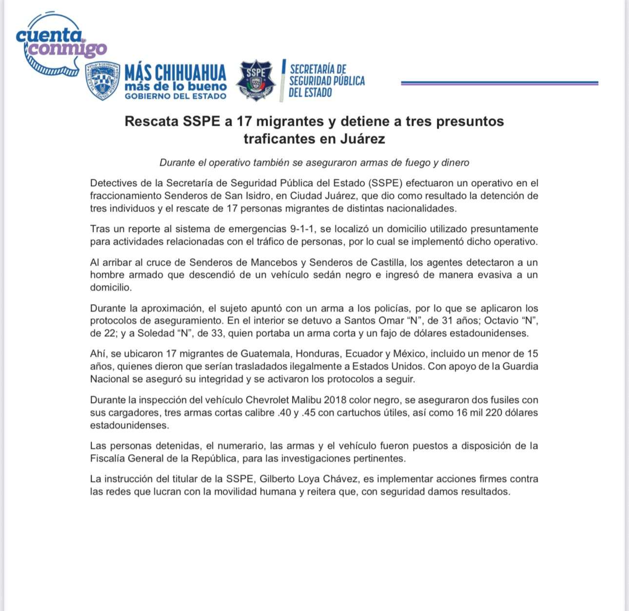 Aclaran rescate: salvan a 17 migrantes y detiene a tres presuntos traficantes