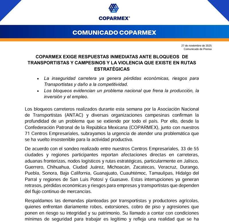 Ugre Coparmex soluciones inmediatas por bloqueos carreteros