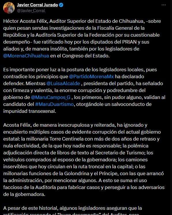 Son negociaciones vergonzosas: Corral por ratificación de Héctor Acosta