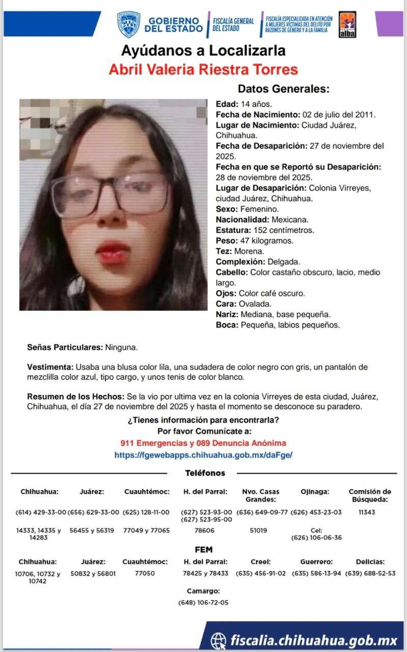 Solicitan apoyo para localizar a adolescente desaparecida 