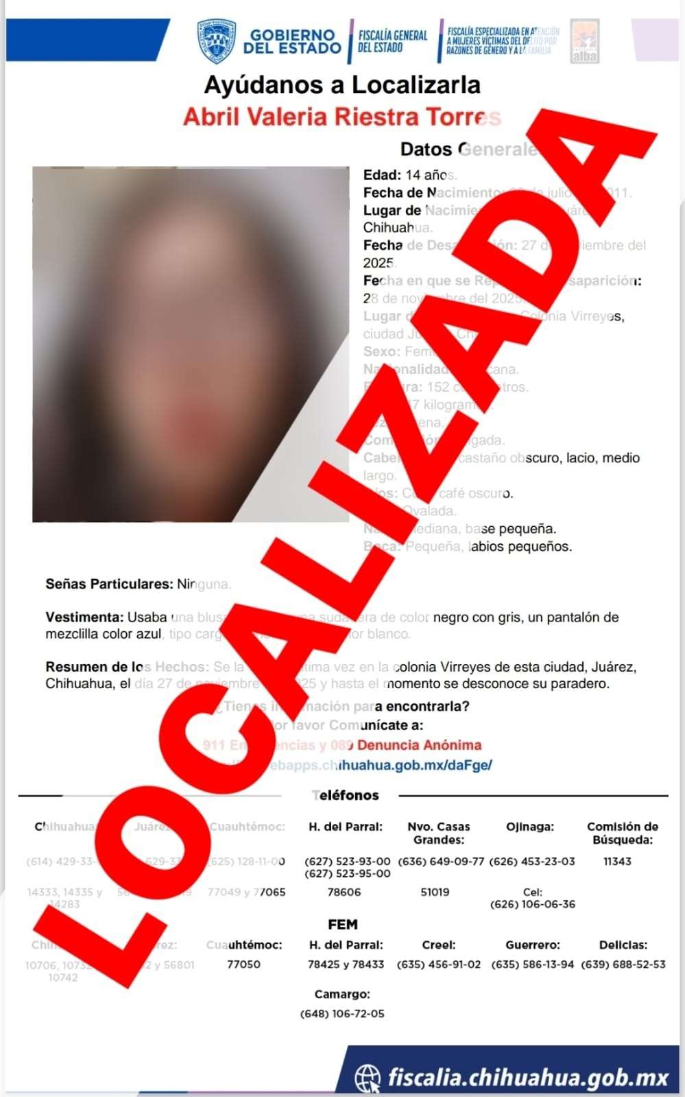Localizan a adolescente reportada como desaparecida 