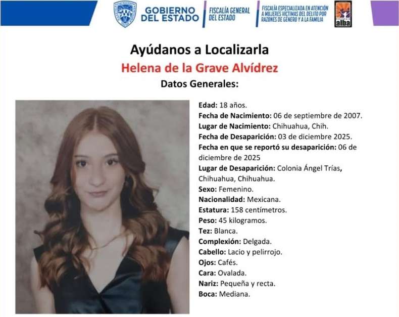 Desaparece Helena de la Grave, de 18 años, en la colonia Ángel Trías