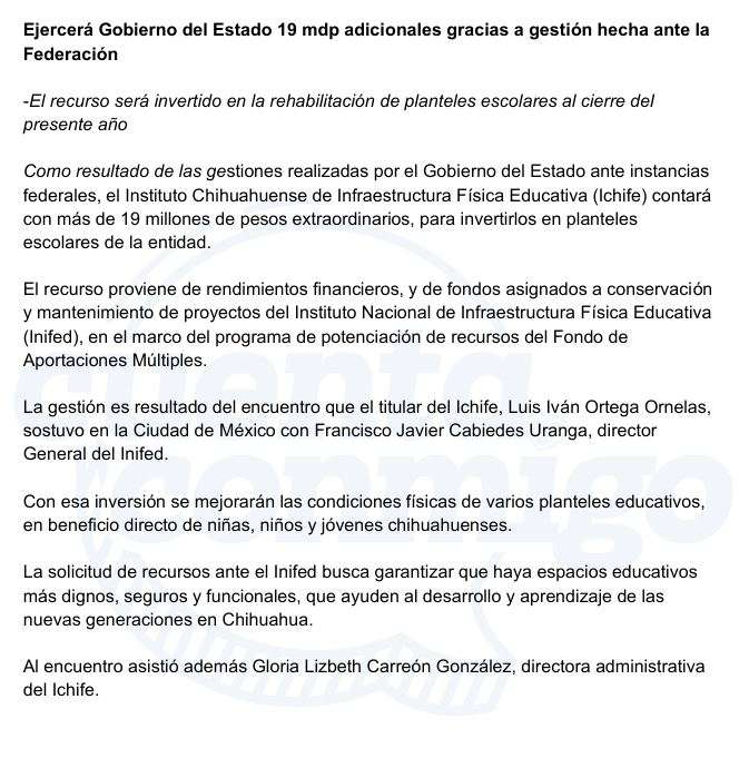 Recibe Ichife $19 millones extra para inversión en infraestructura escolar