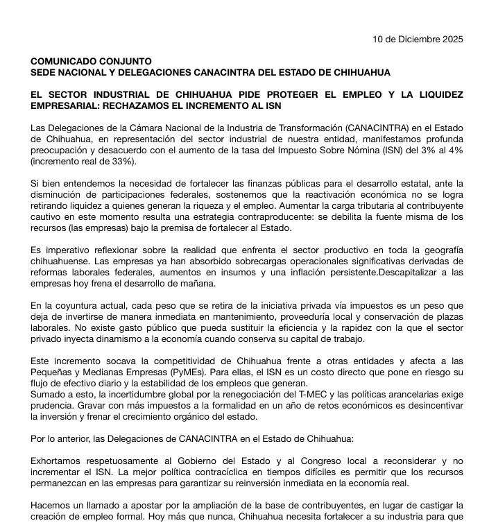 Rechaza Canacintra incremento al ISN; pide proteger el empleo 