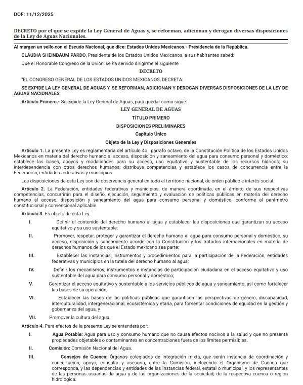 Publican en el DOF nueva Ley General de Aguas